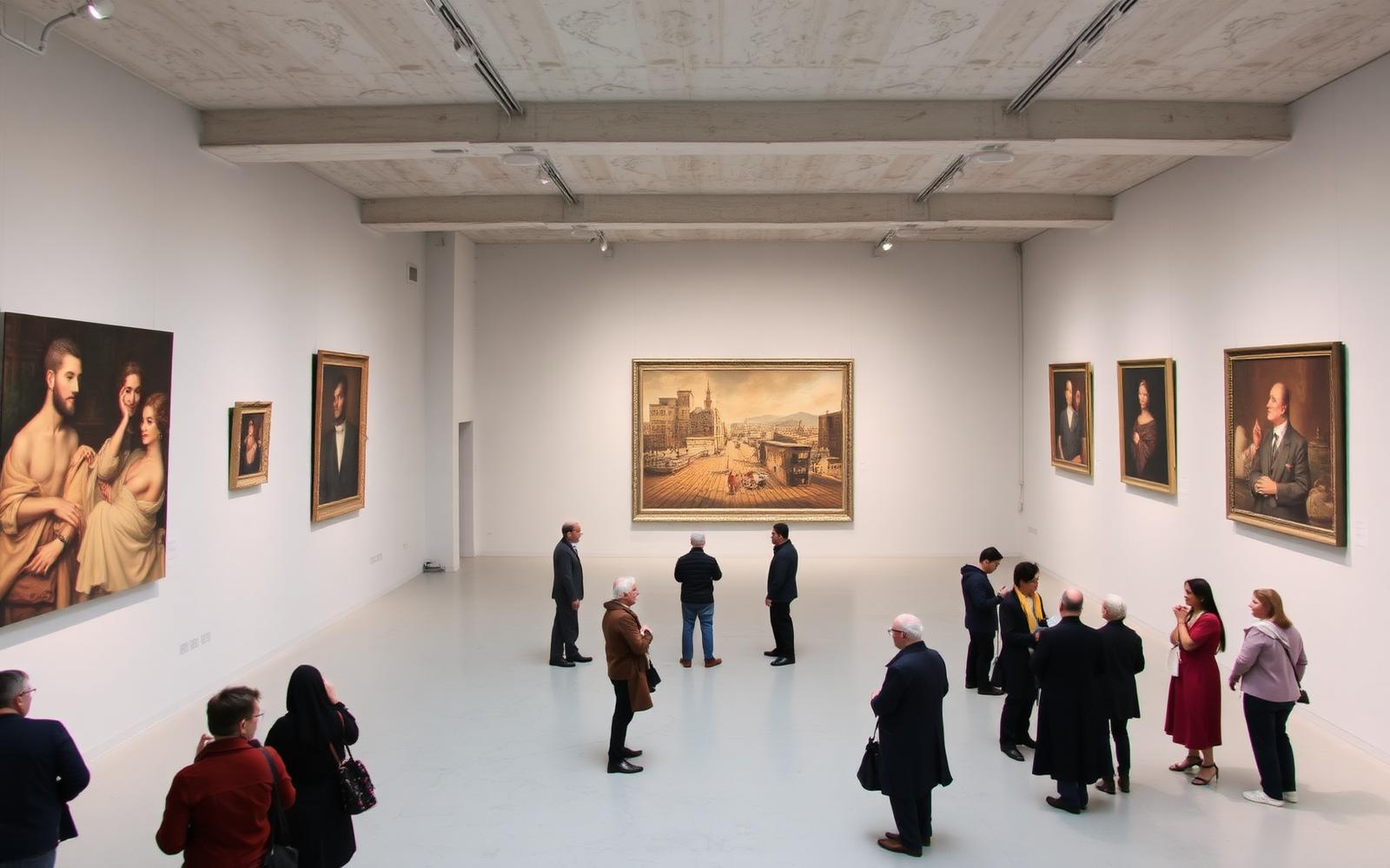 Visitors talking in front of paintings in a bright contemporary gallery in Tehran.