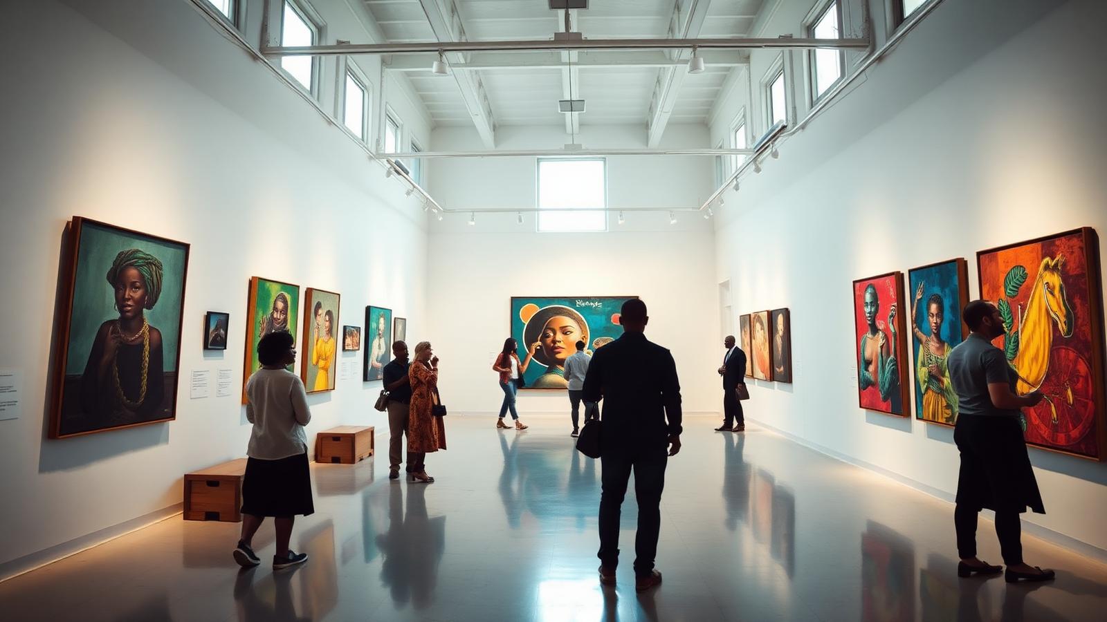 Contemporary art gallery in Lagos with visitors viewing paintings