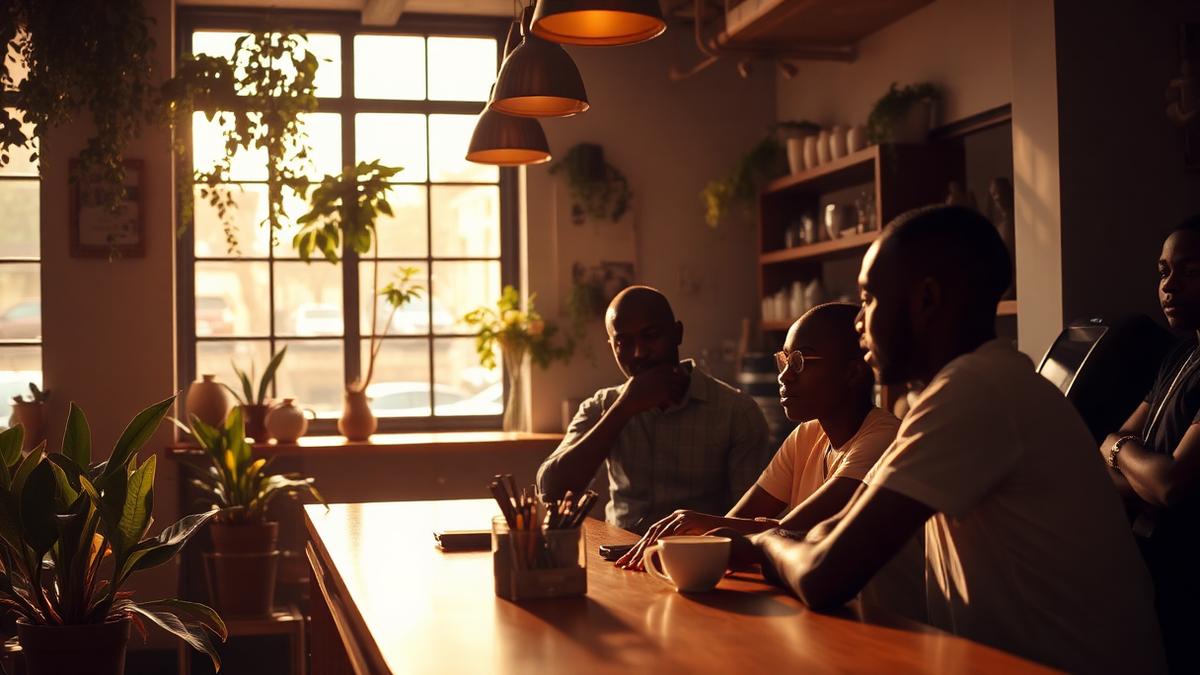 Friends talking over coffee in a sunlit specialty cafe in Lagos, Nigeria.