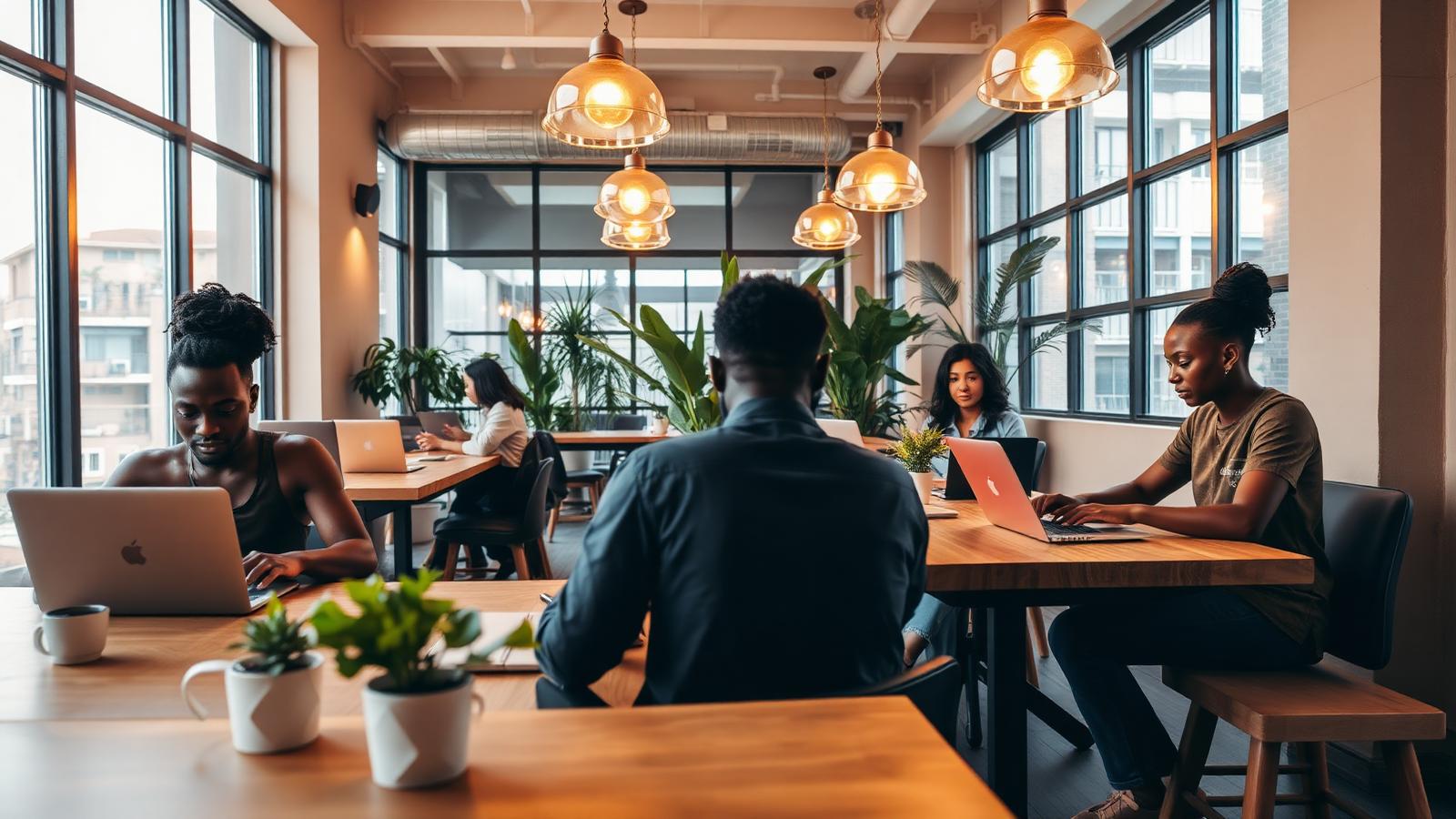 Modern coworking space in Lagos with people working at shared desks