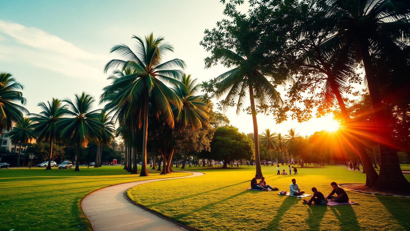 Green park in Lagos at golden hour with people relaxing on the grass