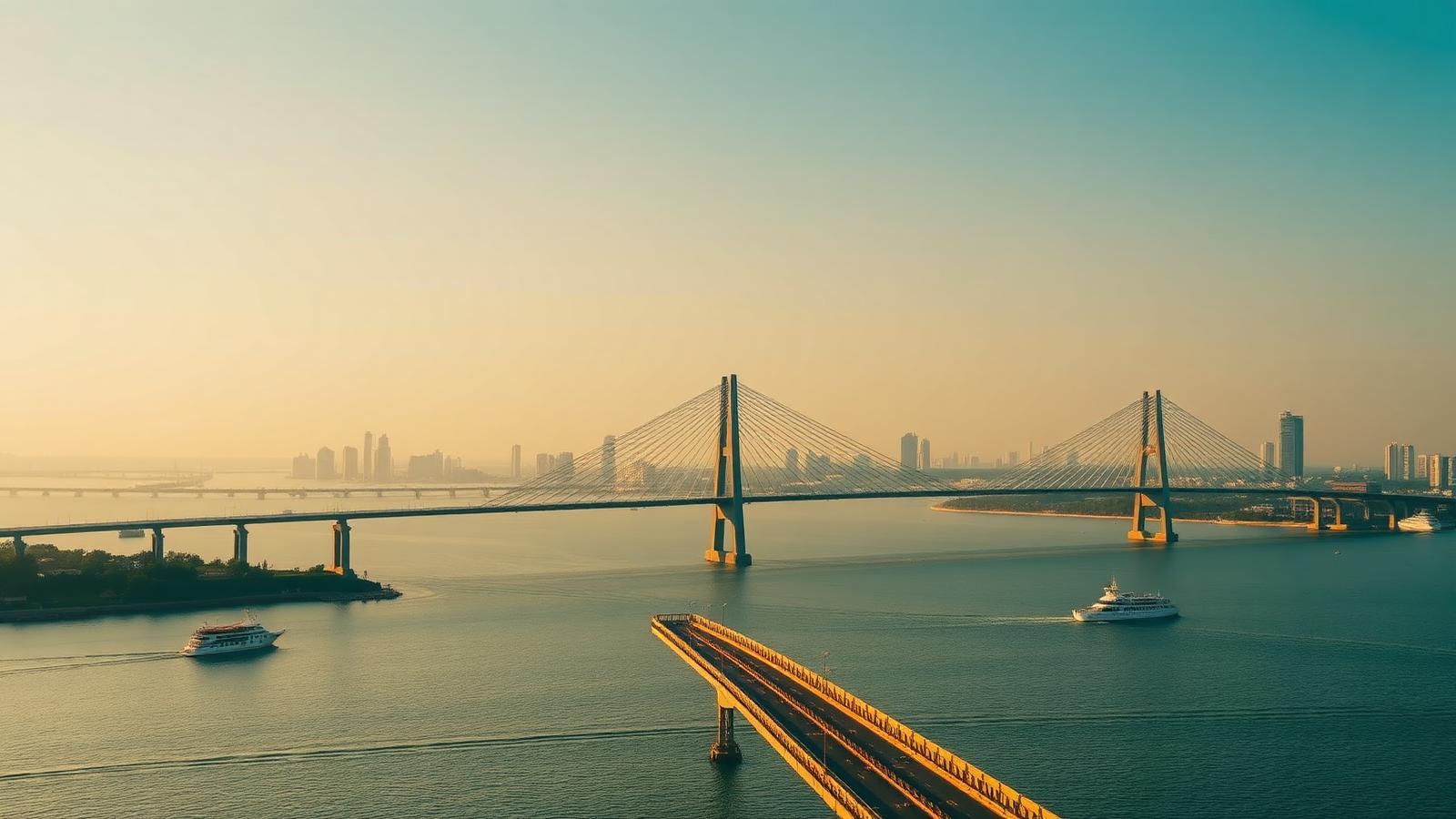 Lagos lagoon and skyline seen from the Lekki-Ikoyi bridge at sunset