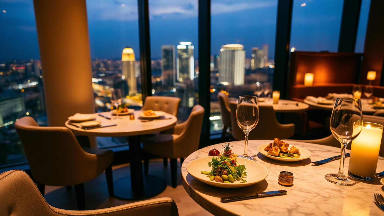 Fine dining restaurant in Victoria Island with a city skyline view