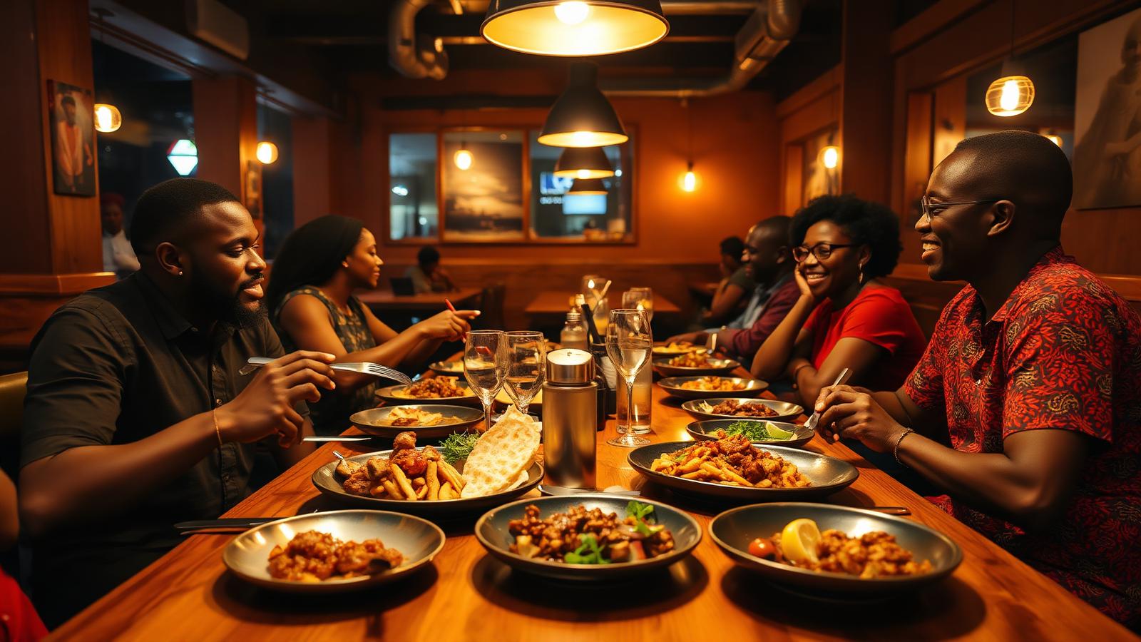 Busy Lagos restaurant with sharing plates of West African food