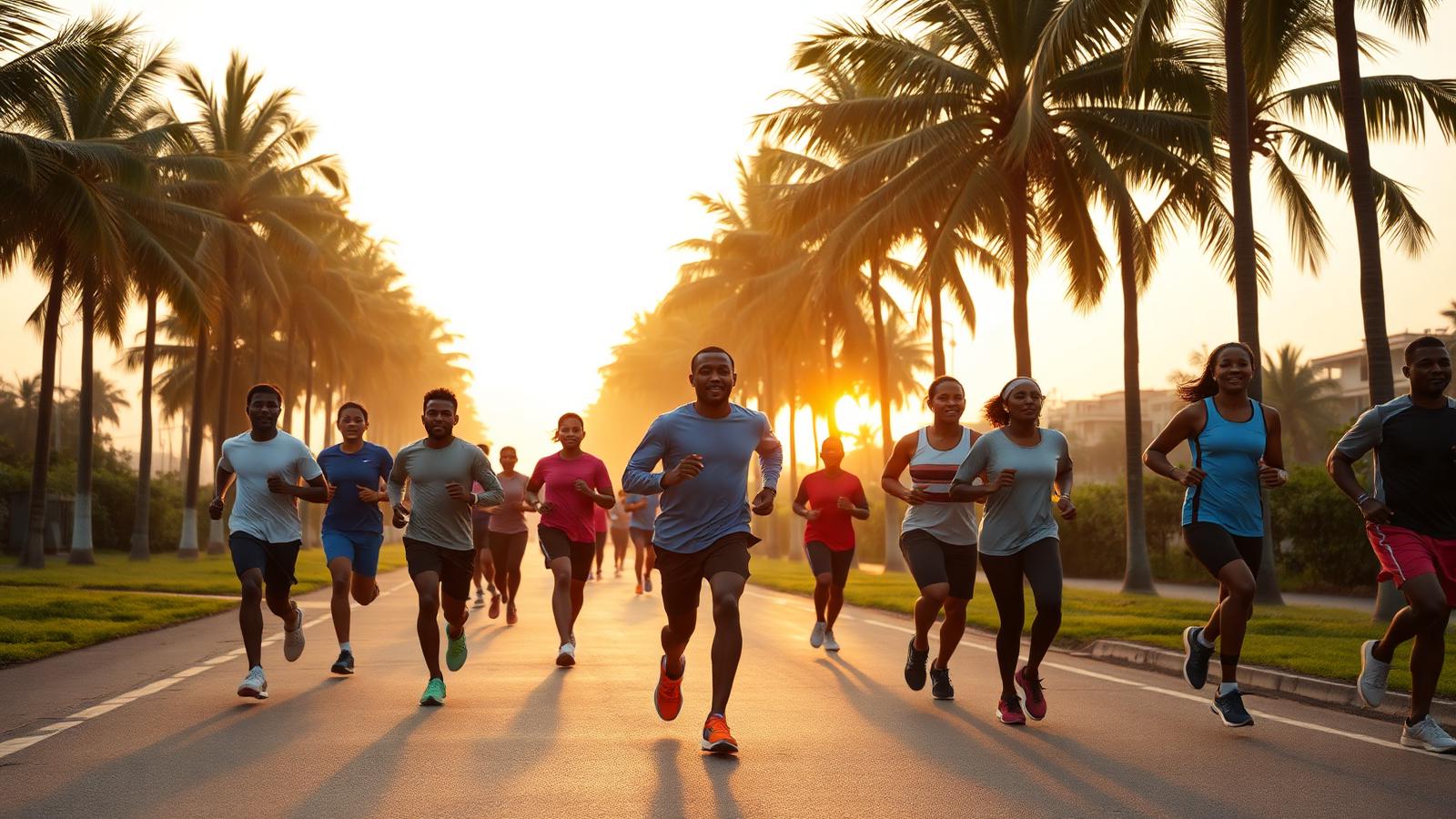 A group of runners at sunrise along a palm-lined road in Lagos, Nigeria.