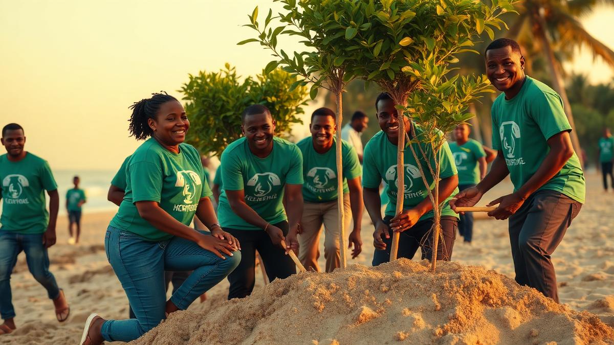 Volunteers in matching shirts working together on a beach clean-up in Lagos, Nigeria.