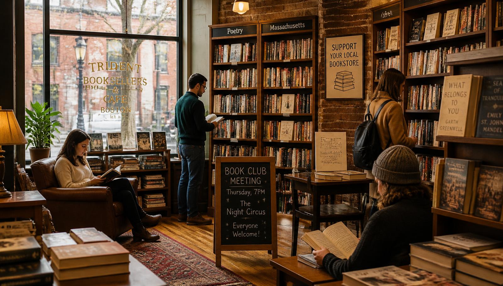 Cozy Boston bookstore with a book club meeting sign and readers in armchairs