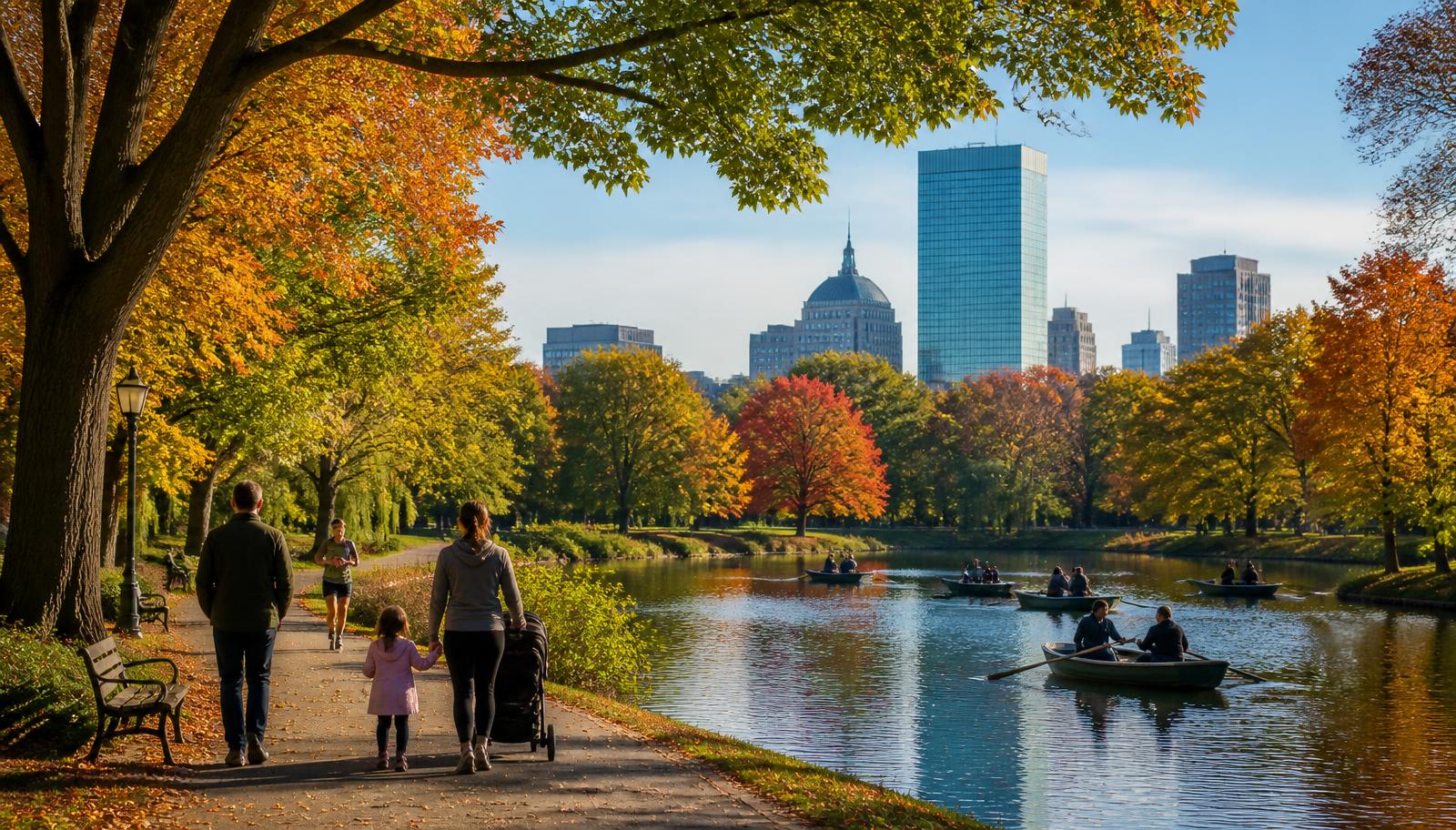 People walking along a tree-lined path and pond in Boston's Emerald Necklace park system