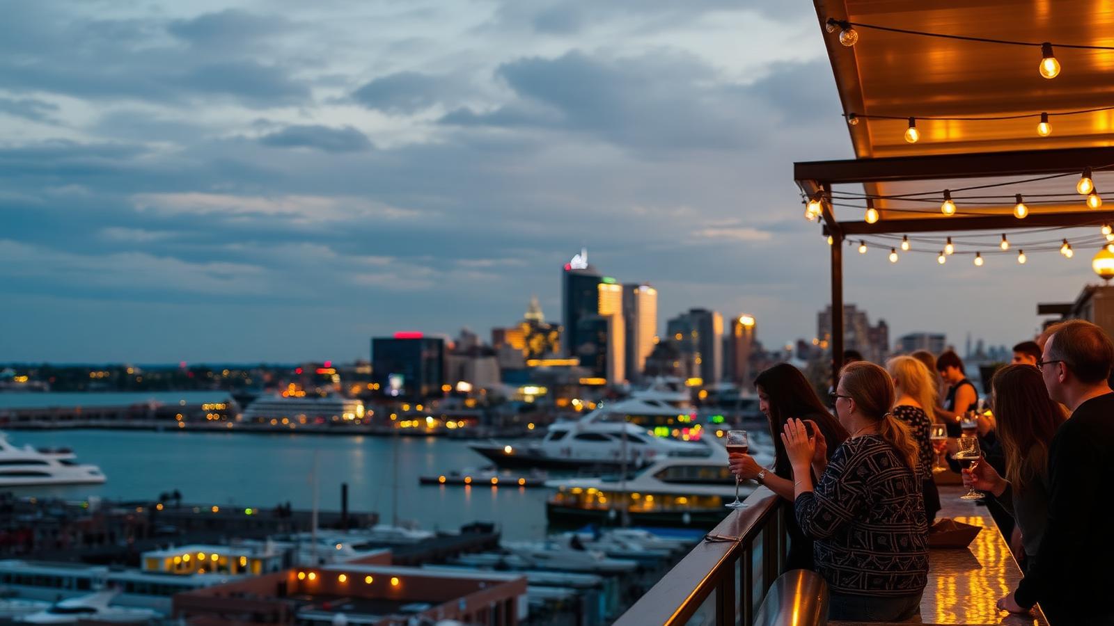 Boston rooftop bar at sunset with harbour views and people talking