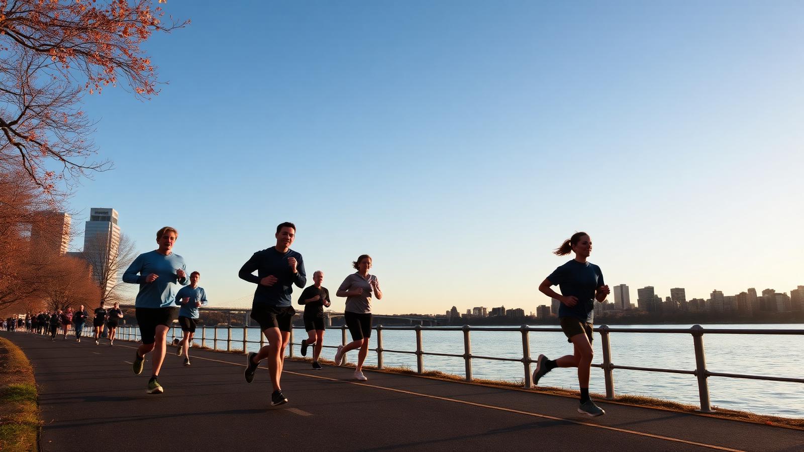 Group of runners setting off along the Charles River in Boston at dawn
