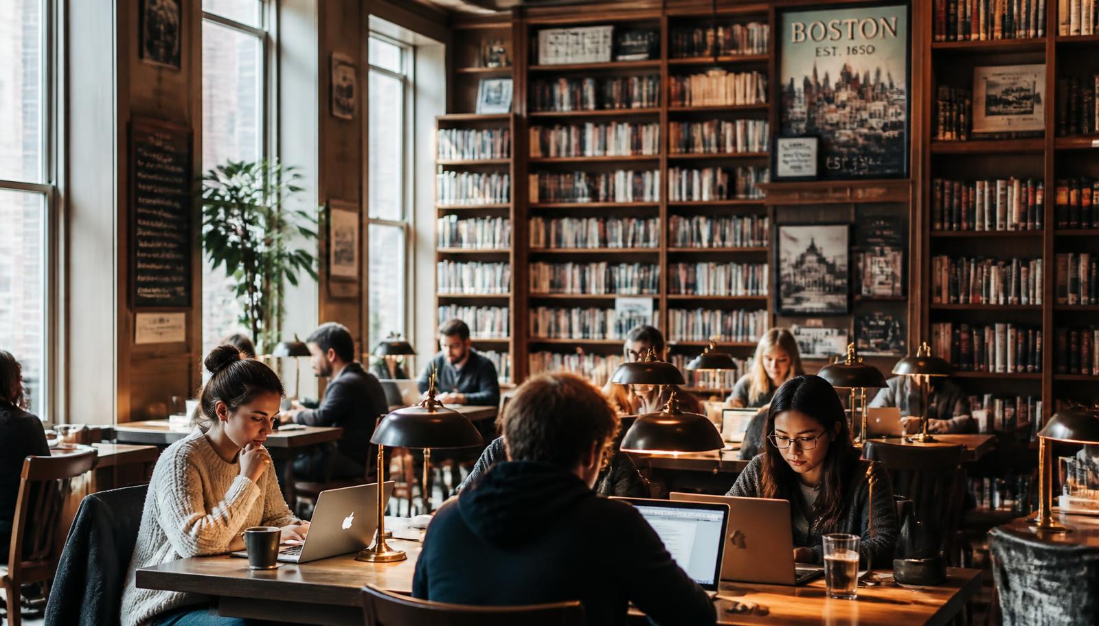 Students and remote workers at wooden tables in a beautiful Boston library café