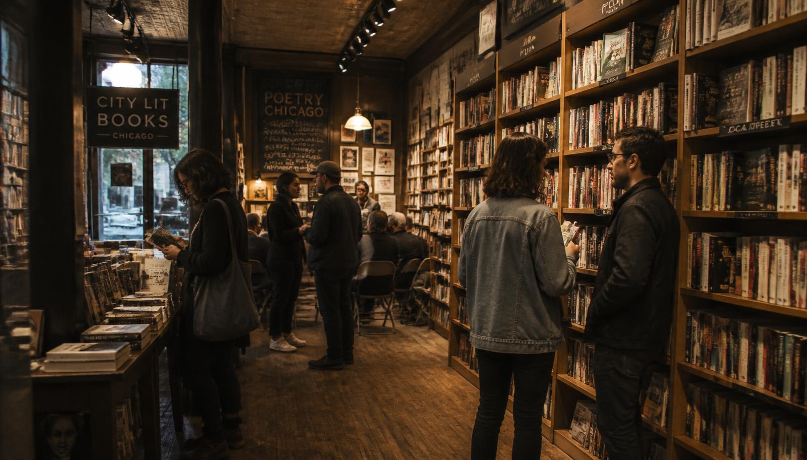 People browsing shelves in a warm independent Chicago bookstore with an event corner