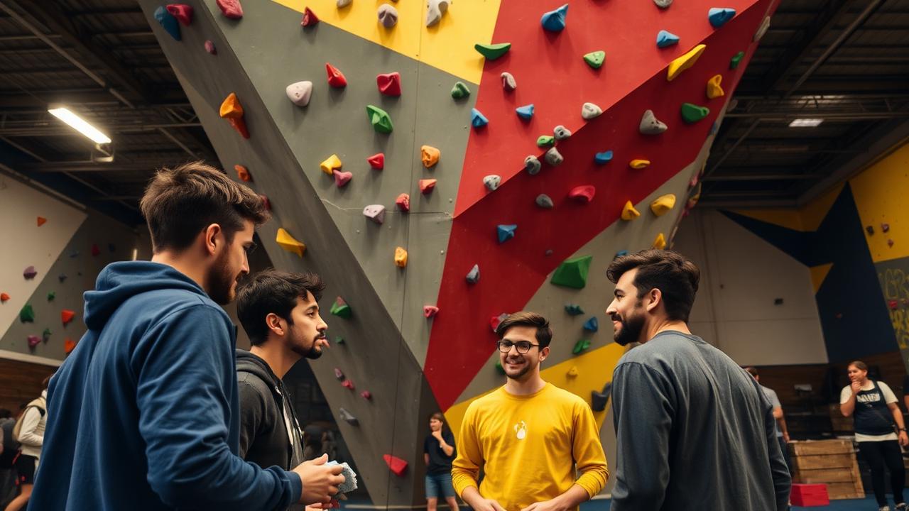 Climbers chalking up and talking under a colourful bouldering wall in Chicago