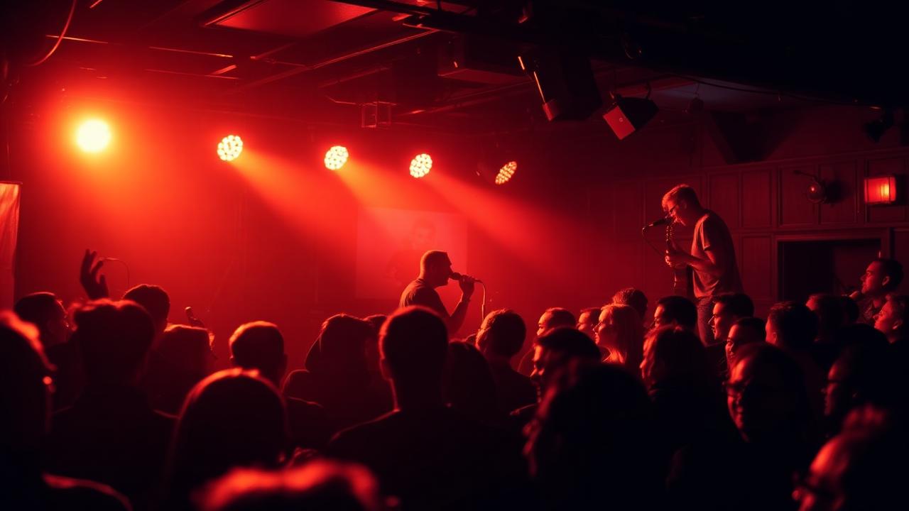 Warm stage light over a crowd at a small Chicago live music club