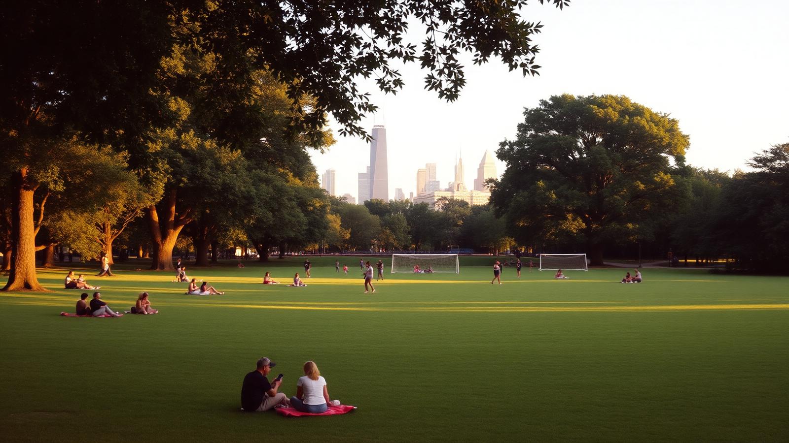 People picnicking and playing sport in a Chicago park on a summer evening