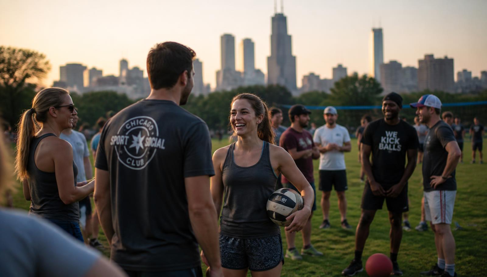 Adult recreational league players on a Chicago field at golden hour