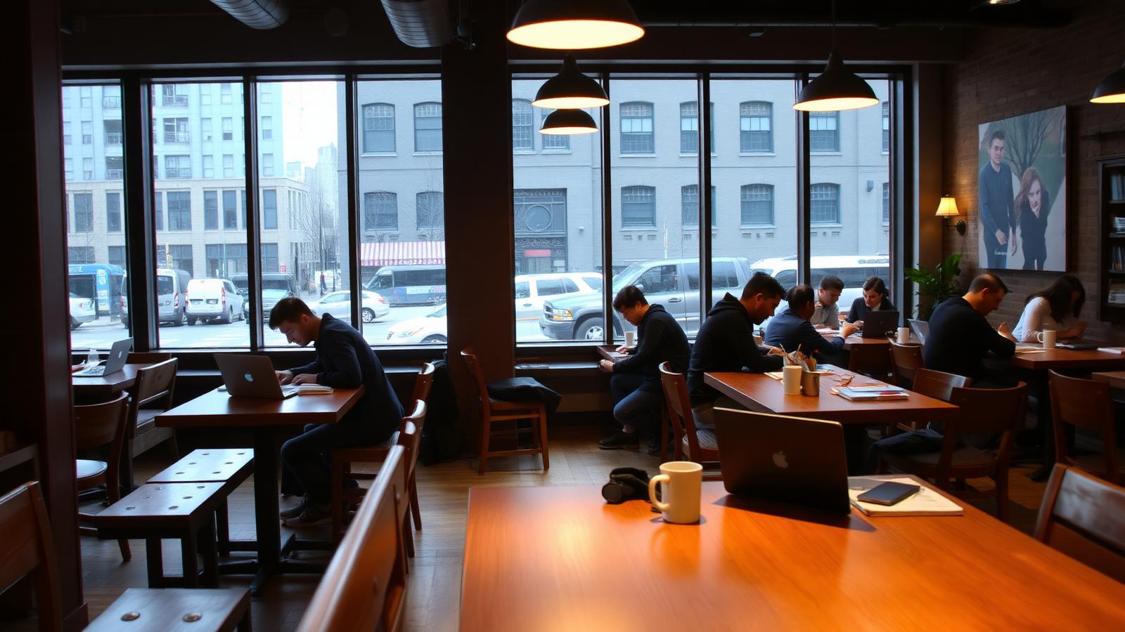 Students studying at long shared tables in a Chicago café with big windows