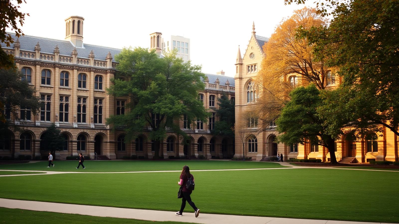 Gothic university buildings and green quads in Hyde Park, Chicago